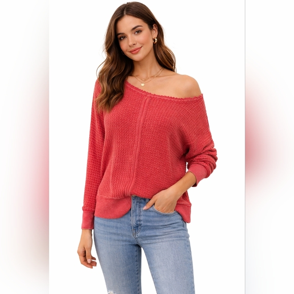 Mono B Sweaters - Mono B Vibrant Orange Waffle Knit Sweater